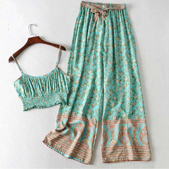 Mint boho gypsy cami crop top wide leg Pant Set - Picture 6 of 6